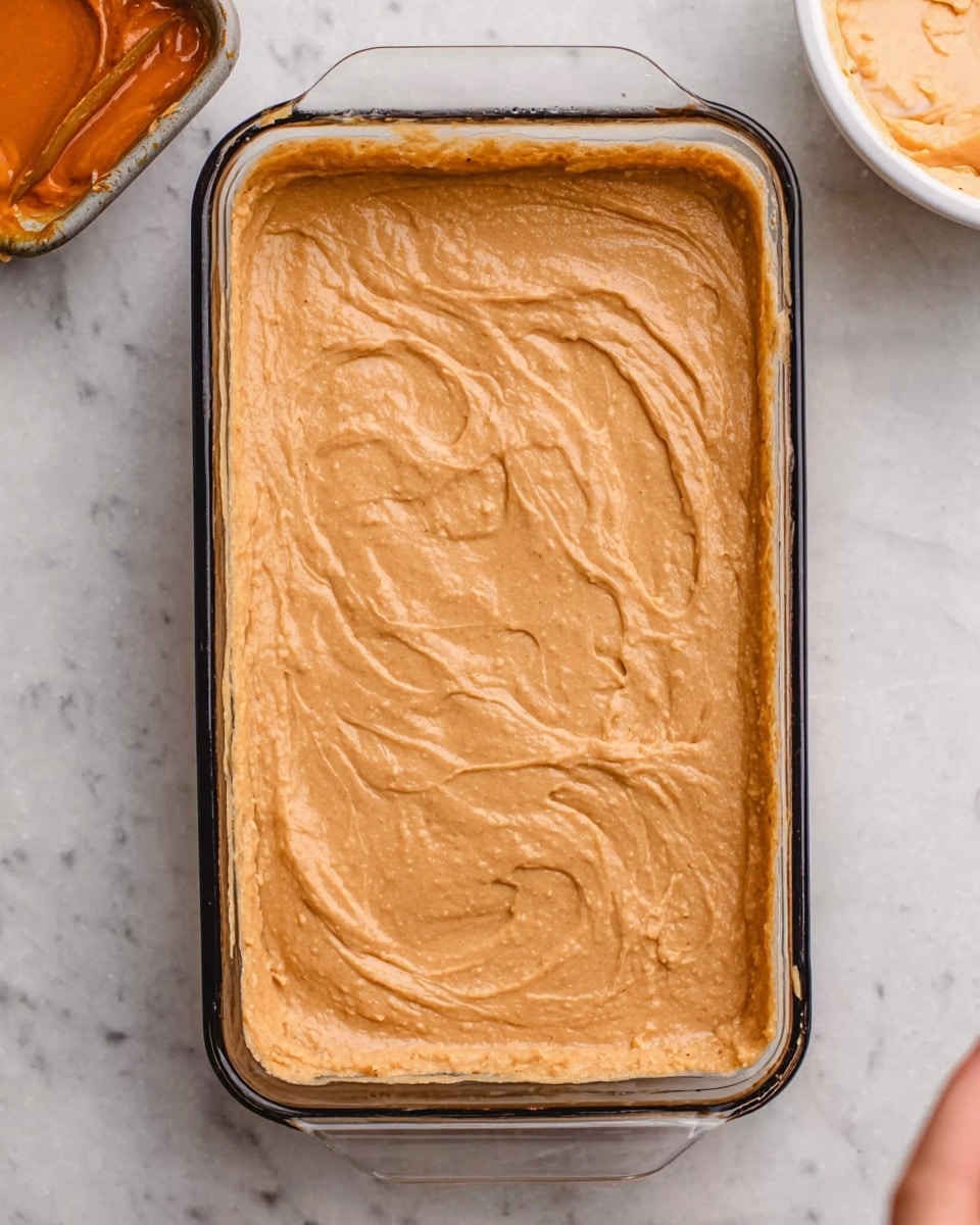 The image shows a rectangular glass baking dish with a thick, light brown batter spread evenly inside. The batter has a smooth texture with some slight swirls on the surface and covers the entire bottom of the dish. The dish rests on a white marbled surface, with a small white bowl containing some creamy orange mixture slightly visible in the top right corner. A woman's hand is not visible in this image. photo taken with an iphone --ar 4:5 --v 7