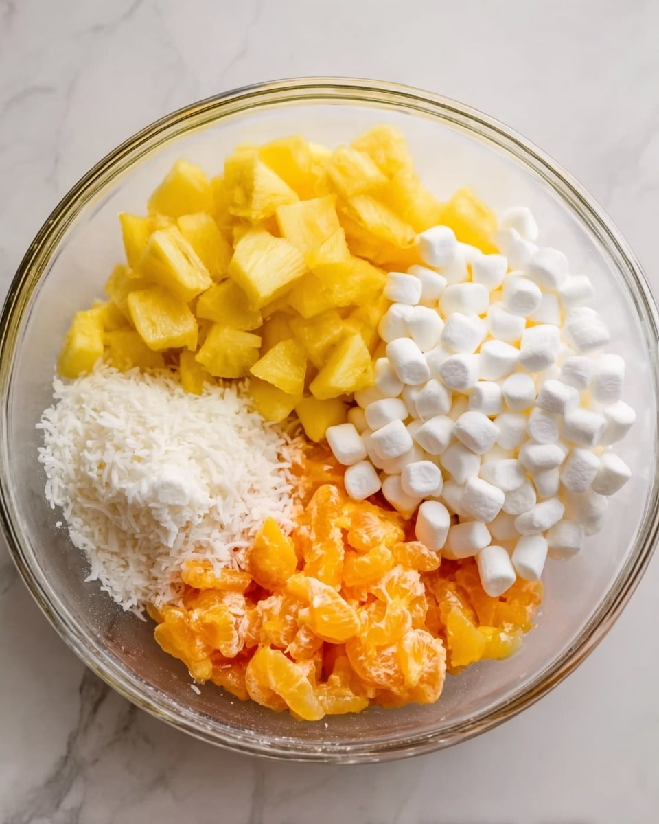 A clear glass bowl filled with five different ingredients arranged in separate piles before mixing. In the top left is a pile of chopped yellow pineapples with a shiny, juicy texture. Next to it on the right is a large mound of small white marshmallows with a soft, smooth surface. Below the marshmallows are bright orange chunks of sweet potatoes with a soft texture. On the bottom left is a scooped portion of mashed sweet potatoes with a creamy, slightly chunky look. Between the mashed sweet potatoes and the pineapple, a small amount of shredded white coconut is visible. The bowl is on a white marbled surface photo taken with an iphone --ar 4:5 --v 7