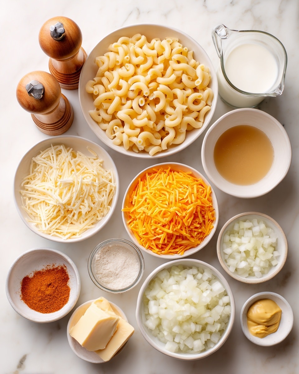 The image shows a white marbled surface with eleven white bowls and two wooden shakers arranged neatly. The largest bowl is filled with dry elbow macaroni, showing a pale yellow color and curved tube shapes. Next to it is a bowl filled with whole milk, smooth and white. Below these are bowls with shredded cheddar cheese, bright orange and finely shredded, and shredded mozzarella cheese, which is light yellow and shredded finely as well. Another bowl holds chicken broth, a clear golden brown liquid. Surrounding these are smaller bowls containing diced sweet onion in white, chopped garlic which is pale yellow, all-purpose flour that is white and powdery, Dijon mustard showing a thick mustard-y yellow paste, and unsalted butter in soft yellow chunks. There is also a small bowl of paprika with a red-orange powder. Upright on the left are two wooden shakers labeled salt and pepper. The arrangement is clean and simple on a white marbled surface photo taken with an iphone --ar 4:5 --v 7