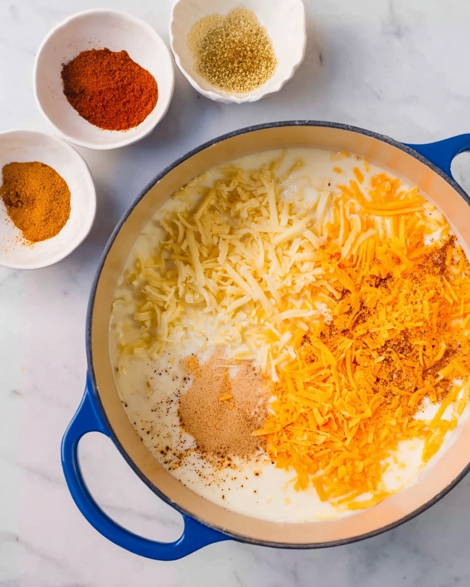 A blue pot filled with a creamy white liquid base, topped with several distinct layers and piles: shredded pale yellow cheese on the left middle, a bright orange shredded cheese next to it on the right side, a light brown powdery spice spread on the lower left, and some darker brown spice sprinkled in spots on top of the light brown powder. Behind the pot, three small white bowls sit on a white marbled surface; one bowl has brown powder, another has red powder shaped like a crescent, and the last bowl has a yellow-brown powder with some clumps. Photo taken with an iphone --ar 4:5 --v 7