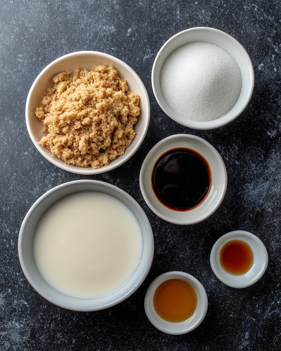 The image shows six small white bowls placed on a dark background, each containing different ingredients. The largest white bowl at the bottom center holds a smooth, white liquid labeled milk. Above it, to the left, is a white bowl filled with light brown, crumbly brown sugar. To the right is a white bowl containing fine white sugar. Below the brown sugar bowl is another white bowl with a dark brown liquid labeled brewed espresso. Next to it on the right is a smaller white bowl with a dark amber liquid labeled vanilla extract. At the bottom right, there are two very small white bowls labeled almond extract and butter extract, both empty, and a tiny white bowl labeled water holding a small amount of clear liquid. The bowls are set on a white marbled texture. photo taken with an iphone --ar 4:5 --v 7