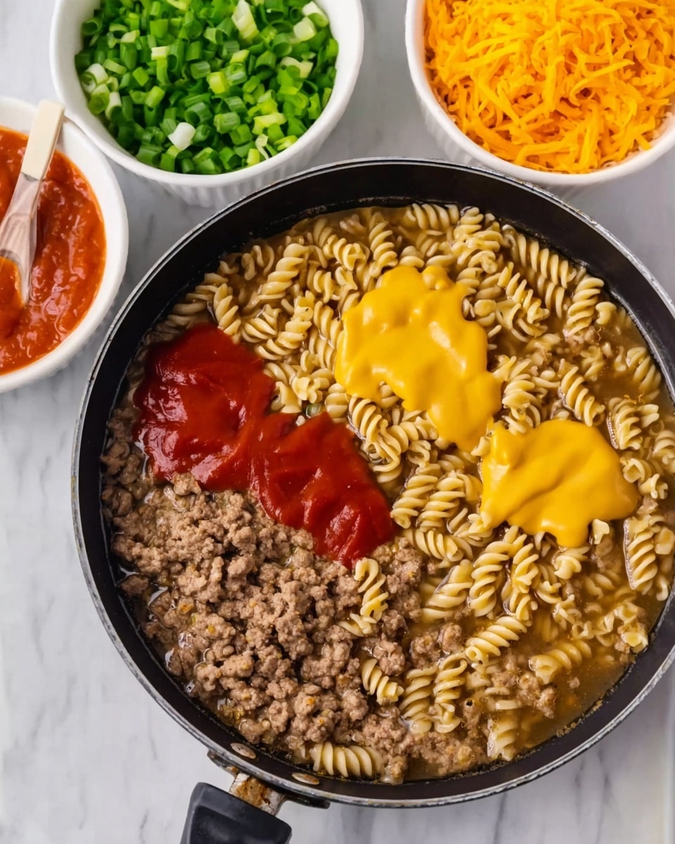 The image shows a black frying pan with cooked ground meat and spiral pasta in light yellow color submerged in broth. On top, there are dollops of bright red tomato sauce and smooth yellow mustard close together. Above the pan, there are three small white bowls placed on a white marbled surface; one bowl is filled with bright green sliced spring onions, another with shredded orange cheddar cheese, and the third bowl is partially visible with a reddish sauce. The scene is well lit and clear, photo taken with an iphone --ar 4:5 --v 7