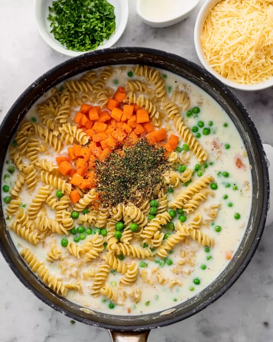The image shows a close-up top view of a black pot filled with uncooked spiral pasta submerged in white creamy liquid. On top of the pasta, there is a layer of bright orange diced carrots and green peas scattered evenly. In the middle, a small pile of black pepper and herbs sits, adding a speckled texture. Above the pot, two small white bowls rest on a white marbled surface—one bowl filled with chopped fresh green herbs and the other with a light yellow grated cheese. The handle of the pot extends to the lower right corner. photo taken with an iphone --ar 4:5 --v 7