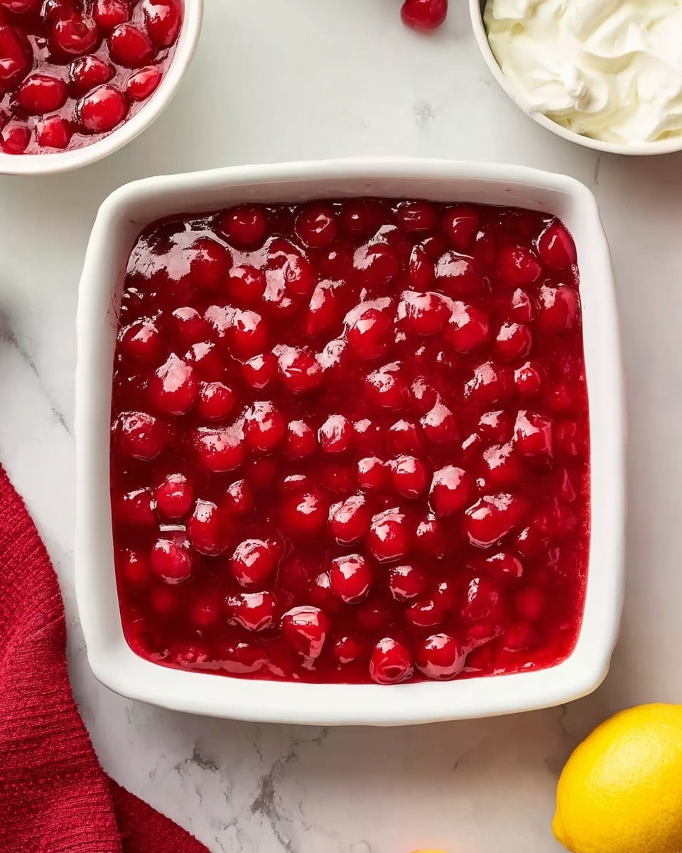 The image shows a square white ceramic dish filled with a thick layer of bright red cherry topping, shiny and full of whole cherries covered in a glossy sauce, evenly spread to cover the entire dish surface. Around the dish, the scene includes a round white bowl with more cherry topping visible at the top left, a whole yellow lemon at the upper middle right, and a whole white object that looks like cream or whipped topping in a white bowl at the upper right. The background surface is a white marbled texture, and there is a red cloth visible at the bottom left corner. Photo taken with an iphone --ar 4:5 --v 7