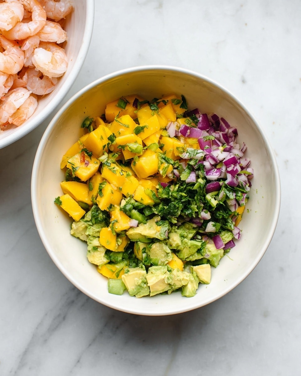 A white bowl sits on a white marbled surface, containing a colorful mixture of diced yellow mango pieces forming the base layer, mixed with small chunks of green avocado and scattered small pieces of purple-red onion. Bright green herbs and finely chopped green chili are spread on top, giving a fresh and vibrant look. Next to it, a white bowl filled with light pink cooked shrimp is partially visible on the left. The overall scene feels fresh and healthy with contrasting colors. photo taken with an iphone --ar 4:5 --v 7