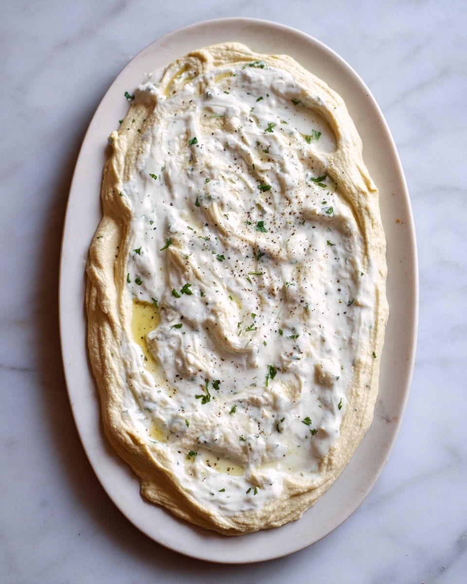 An oval white plate on a white marbled surface holds two flat, light beige flatbreads stacked. The top flatbread is covered with a thick, uneven layer of creamy white sauce that has small flecks of green herbs and black pepper visible throughout. The sauce spreads almost to the edges but leaves some flatbread showing along the sides. The texture of the sauce looks smooth with small lumps. Photo taken with an iphone --ar 4:5 --v 7