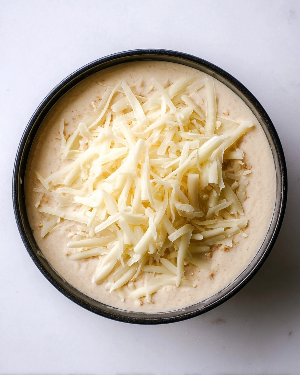 A round black bowl is filled with a smooth, light beige creamy mixture as the base layer. On top, there's a generous pile of thin, pale yellow shredded cheese scattered in the center. The cheese strands are silky and slightly separated with some small uneven pieces, showing a soft texture. The bowl rests on a white marbled textured surface. photo taken with an iphone --ar 4:5 --v 7