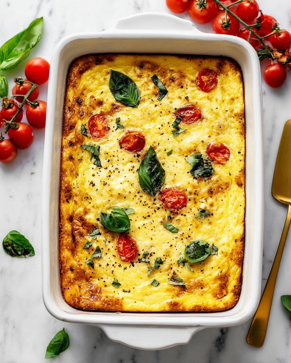 The image shows a white rectangular baking dish filled with a golden yellow baked dish that has a slightly browned top layer, speckled with black pepper. Scattered throughout the top are bright green basil leaves and some halved red cherry tomatoes near the edges. The surface of the dish looks creamy with bits of melted cheese or egg mixture, giving it a soft and slightly textured appearance. The baking dish sits on a white marbled surface, with fresh cherry tomatoes on the vine to the upper left and loose basil leaves around the edges. A gold spatula with some basil leaves rests on the surface near the bottom right corner. Photo taken with an iphone --ar 4:5 --v 7