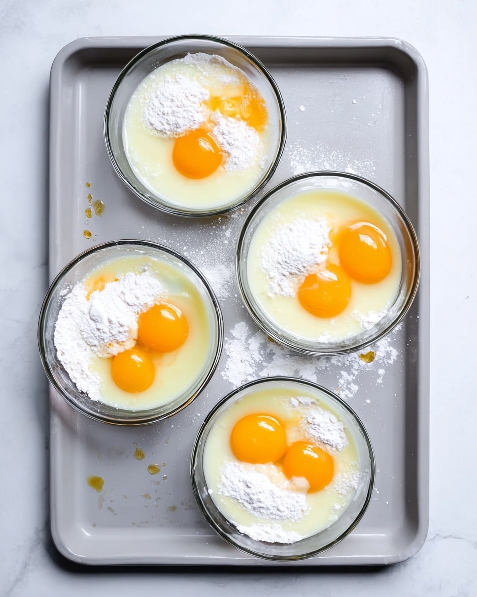 Four clear glass bowls are shown from above on a white marbled surface. Each bowl holds a mixture of two raw eggs with bright orange yolks sitting on a layer of white powder surrounded by a pale, milky liquid. The bowls are arranged in a loose rectangular pattern on a light gray tray, which has slightly rounded edges and faint water droplets around the bowls. The colors are soft with the white powder contrasting with the vivid yolks and the transparent glass showing the layers clearly. photo taken with an iphone --ar 4:5 --v 7
