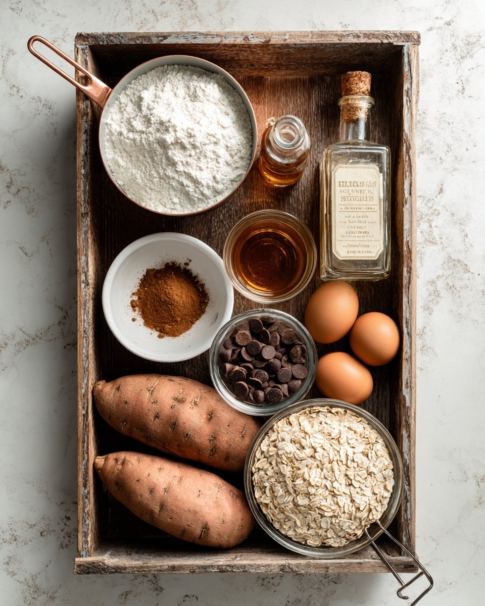 The image shows a rustic wooden tray holding various baking ingredients arranged neatly on a white marbled surface. From top left, there is a copper measuring cup filled with white powder, likely flour or sugar, showing a smooth texture. Below it sits a white bowl with brown cinnamon powder and white salt mixed together, creating a warm, speckled layer. Next to it, a glass bottle with a cork stopper of bourbon vanilla extract with a pale yellow label stands upright. To the right, a large white plastic jug of organic maple syrup with colorful leaf designs and a green cap is placed. Below the jug, a clear glass bowl filled with dark chocolate chips showcases shiny, round pieces. At the bottom part of the tray, two whole brown sweet potatoes with rough, dimpled skin lay side by side, accompanied by four brown eggs with smooth shells arranged closely. A stainless steel measuring cup filled with rolled oats, showing their light tan color and rough flakes, is positioned near the center. The overall scene feels warm and cozy with the natural earth tones of the ingredients contrasting with the white marbled background. photo taken with an iphone --ar 4:5 --v 7