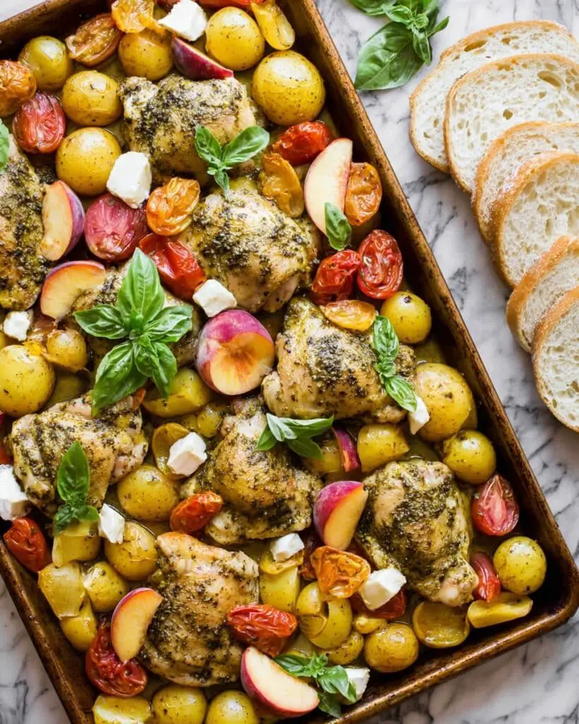 Basil Chicken Sheet Pan Dinner with Peaches and Mozzarella Recipe
