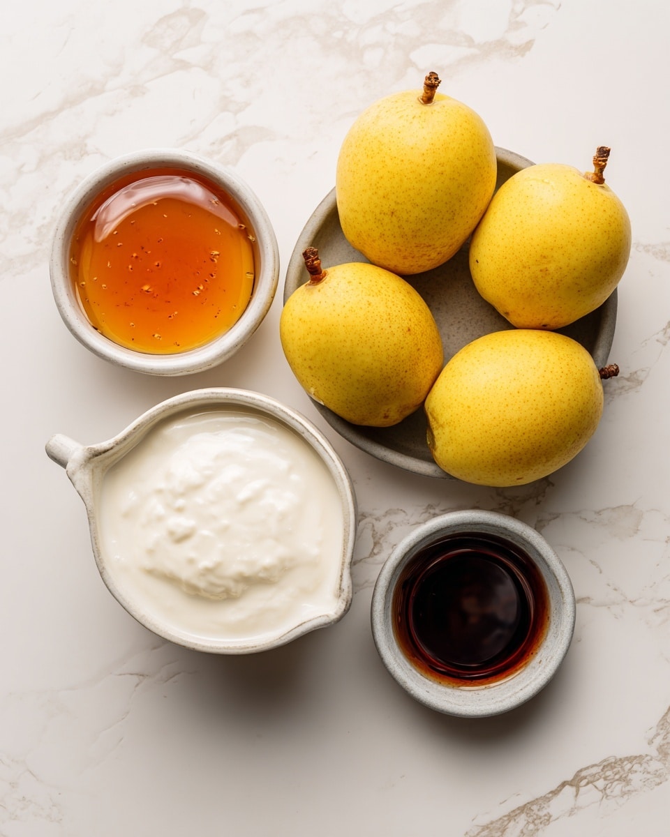 A top-down view of four small white bowls arranged on a white marbled surface, each containing a different ingredient. The top right bowl is filled with several whole yellow guavas with smooth skin. Below it to the left is a bowl holding amber-colored maple syrup with a shiny, smooth surface. To the right of the syrup is a smaller bowl holding a dark brown liquid vanilla with a reflective surface. Finally, at the bottom left, there is a measuring cup filled with thick, creamy white coconut milk. photo taken with an iphone --ar 4:5 --v 7