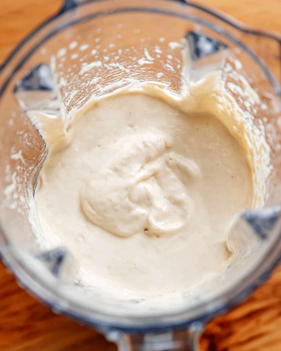The image shows a close-up top view of a blender container filled with a thick, creamy mixture. The mixture is light beige in color and smooth in texture, with a few small bubbles and folds visible on the surface. The clear blender container has visible edges and ridges, and it sits on a warm-toned wooden surface that should be imagined as a white marbled texture. The creamy blend fills most of the container, showing a thick consistency with some small splashes clinging to the sides. photo taken with an iphone --ar 4:5 --v 7