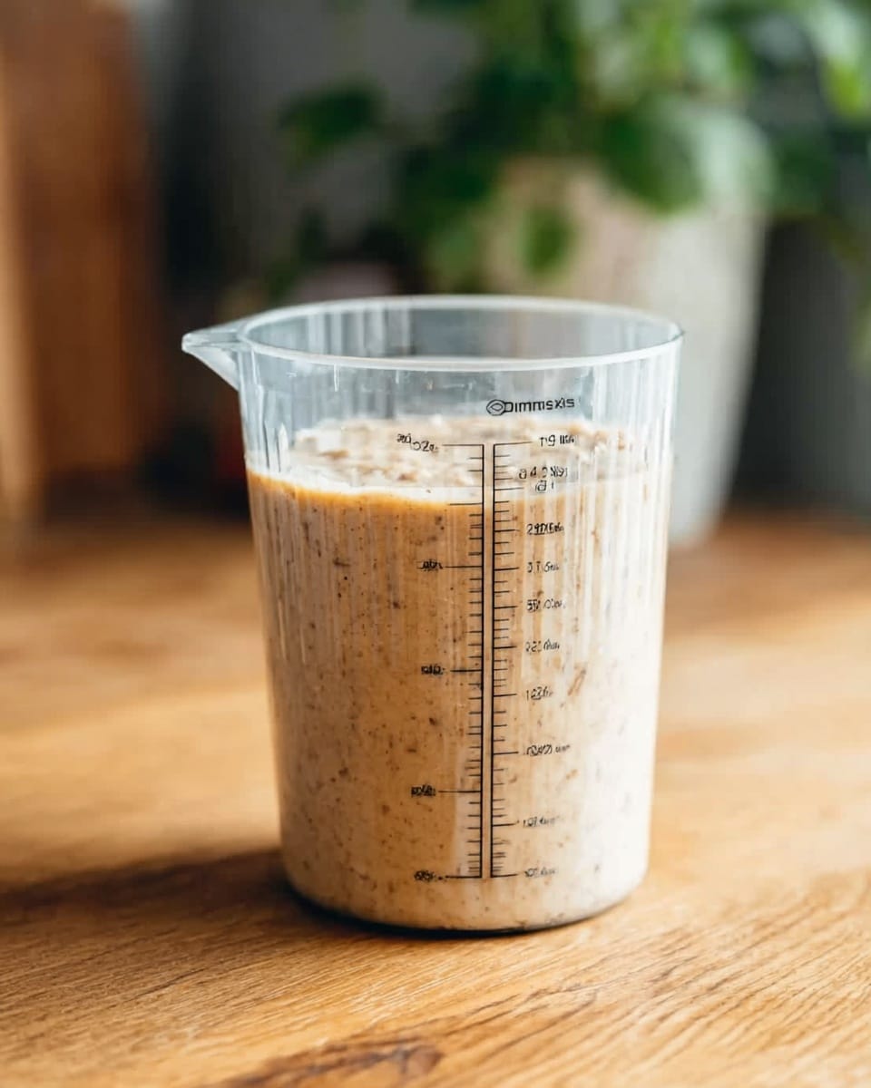 A clear plastic measuring cup filled nearly to the top with a thick, light brown mixture that has small darker specks throughout, showing a smooth but slightly textured surface. The cup has black measurement markings printed vertically on one side and is placed on a light brown wooden table with a softly blurred green plant in the background. The overall setting sits on a white marbled texture. photo taken with an iphone --ar 4:5 --v 7