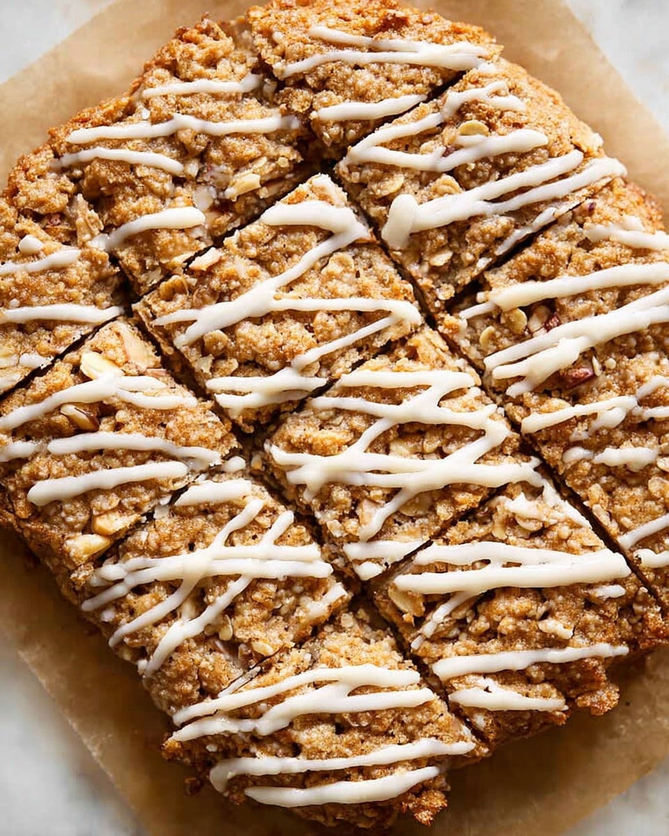 A large, round oatmeal cookie bar with a rough, crumbly texture sits on brown parchment paper, showing visible oats and small pieces of nuts throughout. The top is decorated with thin, uneven white icing drizzled across in soft lines, accentuating the golden-brown color of the cookie. The edges are slightly irregular, and the cookie bar is cut into triangle-shaped pieces but keeps a connected look. The background is a white marbled texture photo taken with an iphone --ar 4:5 --v 7