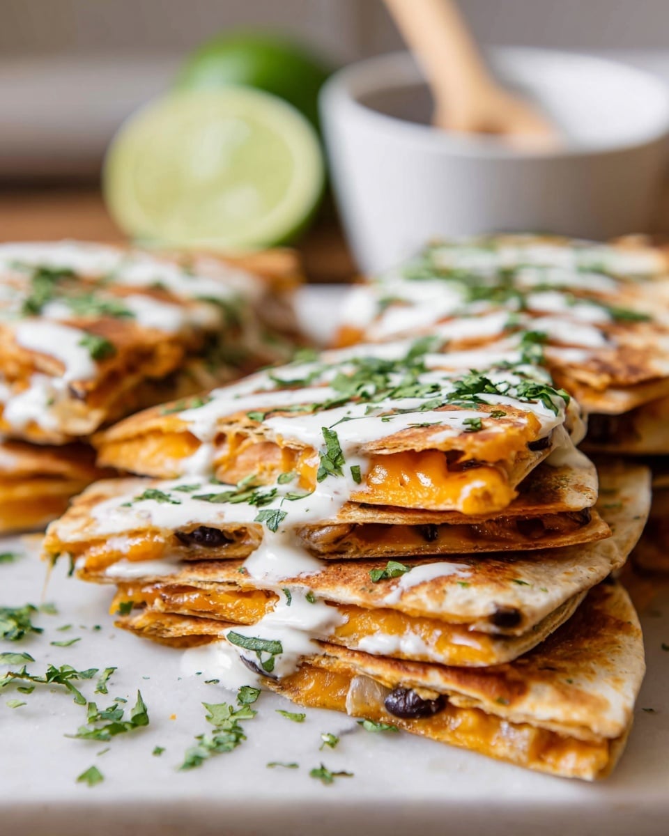The image shows several quesadilla pieces stacked on a white marbled surface, each with two golden brown tortilla layers. Inside the quesadillas are layers of melted orange cheese and small black beans. On top, a creamy white sauce is drizzled over each piece and sprinkled with fresh green chopped herbs. In the background, a white bowl with a wooden spoon and a half lime are visible, adding a soft blur to the photo taken from a close angle. photo taken with an iphone --ar 4:5 --v 7
