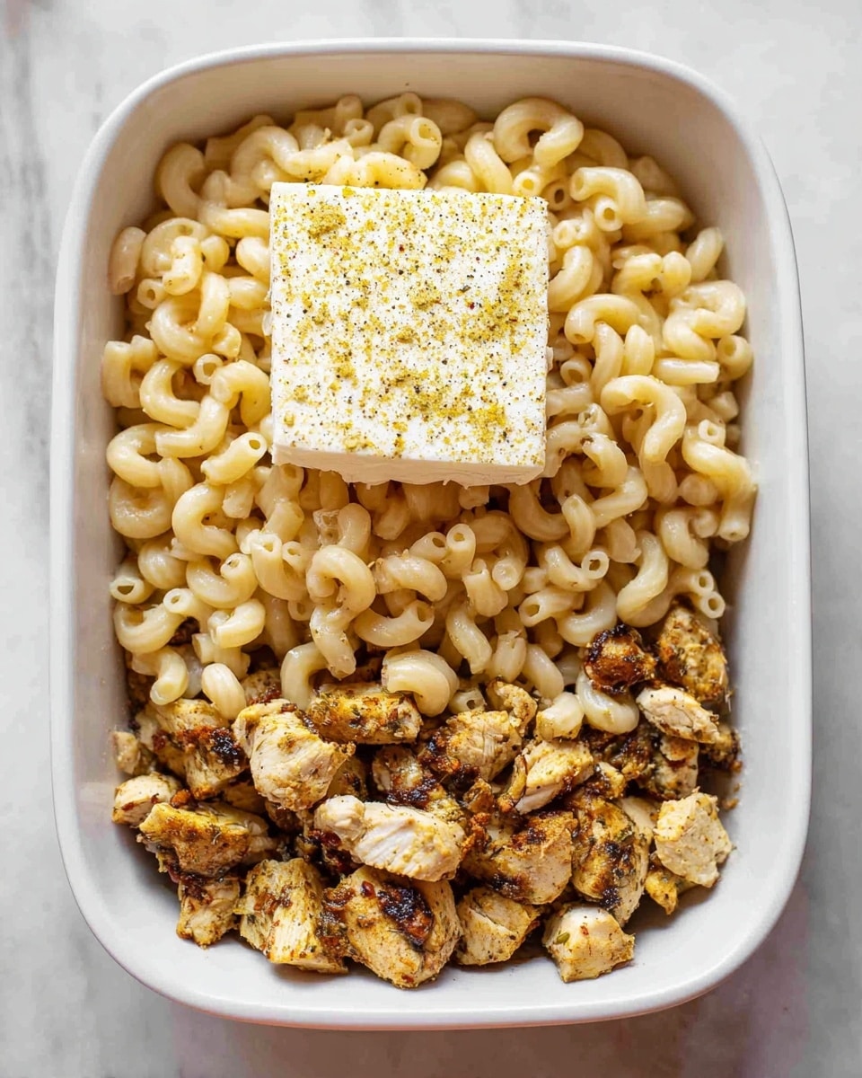 A white baking dish filled with three main layers. The bottom layer consists of small pieces of cooked chicken with a golden-brown color and some darker charred spots. On top of the chicken is a square block of white cheese seasoned with black pepper and some yellow seasoning. The top layer is a pile of cooked spiral pasta, light beige in color with a soft texture, covering the sides of the cheese and chicken. The dish sits on a white marbled surface. photo taken with an iphone --ar 4:5 --v 7