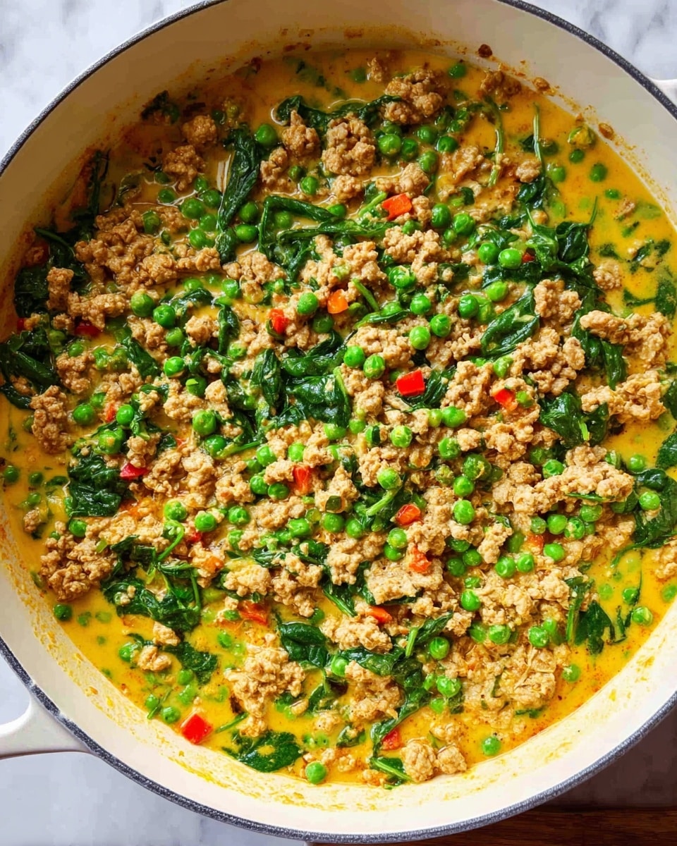 A large white pot filled with a cooked mixture showing a base of yellow sauce with green peas scattered throughout. On top, there are clumps of light brown ground meat mixed with bright green spinach leaves and small pieces of red bell pepper. The ingredients are spread evenly across the surface with some sauce visible on the edges. The pot is placed on a white marbled surface. photo taken with an iphone --ar 4:5 --v 7