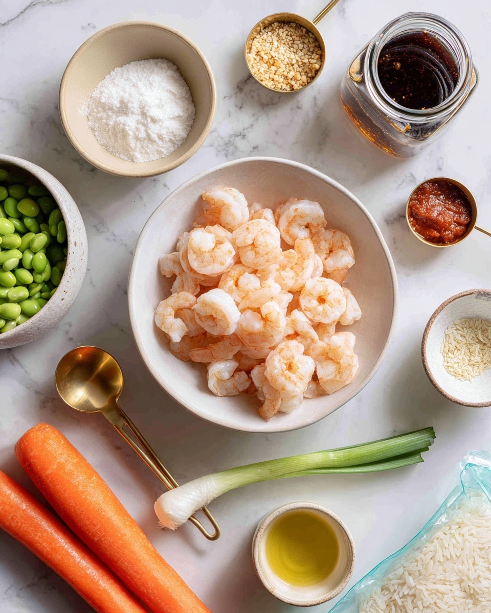 A white bowl in the center holds peeled shrimp with a light pink and white color and a soft texture. Around the bowl are smaller white bowls and measuring spoons with various ingredients: a beige bowl with light brown minced garlic at the top, a small white bowl with white cornstarch, a gold measuring spoon with beige sesame seeds, and another gold measuring spoon with dark red tomato paste. Nearby are a glass jar with dark brown tamari sauce, a white bowl with green edamame beans, a gold measuring spoon with golden sesame oil, and a small glass bowl with light yellow avocado oil. Fresh vegetables include two bright orange carrots, a green cucumber, and a green onion with white base and green stalk. At the bottom right, there is a blue and white bag of jasmine rice. All items are on a white marbled surface. Photo taken with an iphone --ar 4:5 --v 7