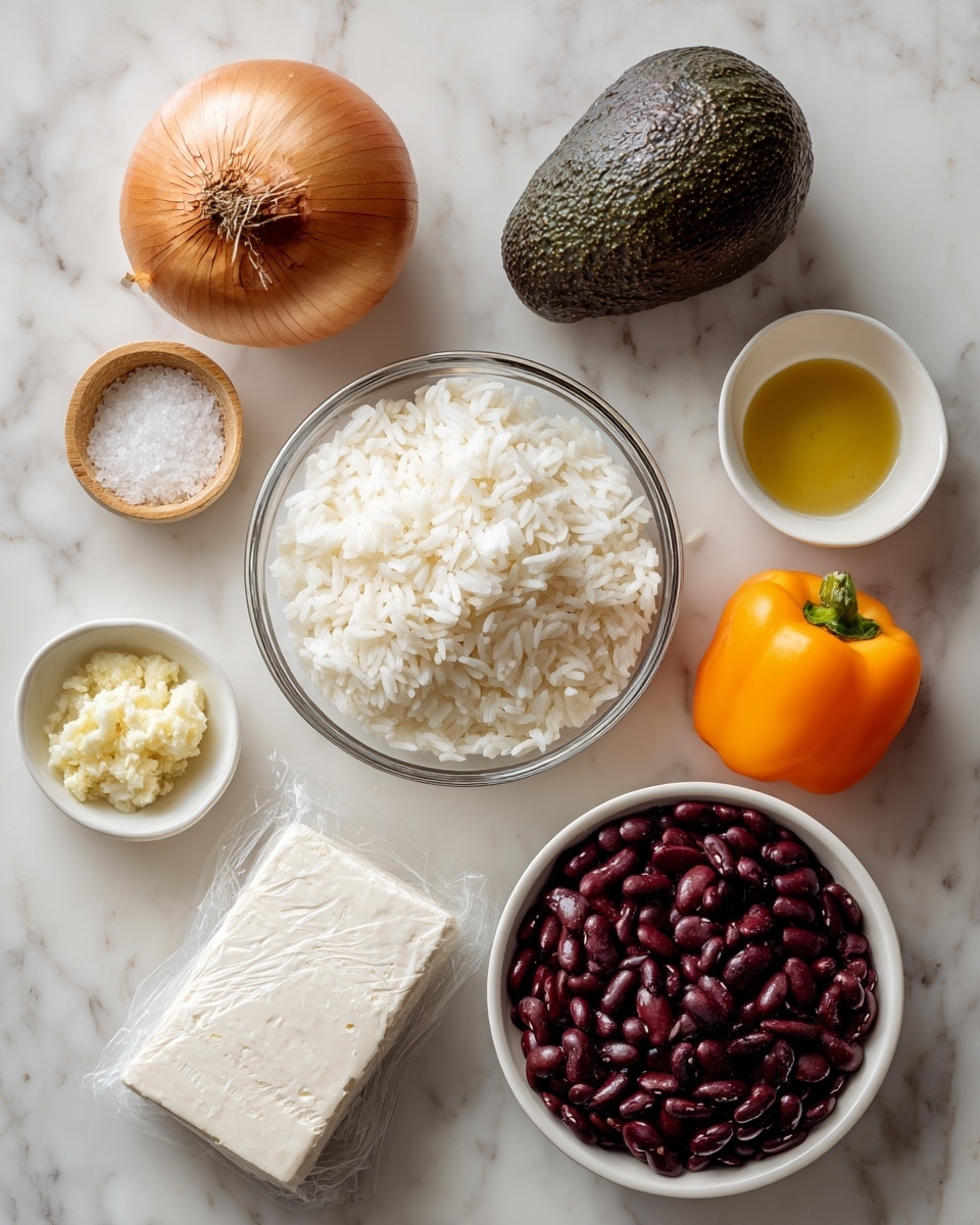 The image shows a flat lay of cooking ingredients on a white marbled background, arranged neatly in a rectangle shape. At the top center is a whole avocado with dark green, rough skin. Below it is a clear glass bowl filled with white cooked rice that looks soft and fluffy. To the left of the rice is a whole round onion with a golden-brown outer layer, and on the right is a small orange bell pepper with smooth skin. Underneath the onion, there is a small white bowl containing minced garlic, pale yellow and finely chopped. Next to it on the left side is a small golden scoop filled with flaky salt, showing sparkling large salt crystals. Below the rice, there is a white bowl full of cooked dark red beans with a shiny texture. To the right of the beans is a small white bowl holding yellow avocado oil. Finally, at the bottom center, there is a wrapped block of queso fresco cheese with a visible label, square in shape and pale white in color. Photo taken with an iphone --ar 4:5 --v 7