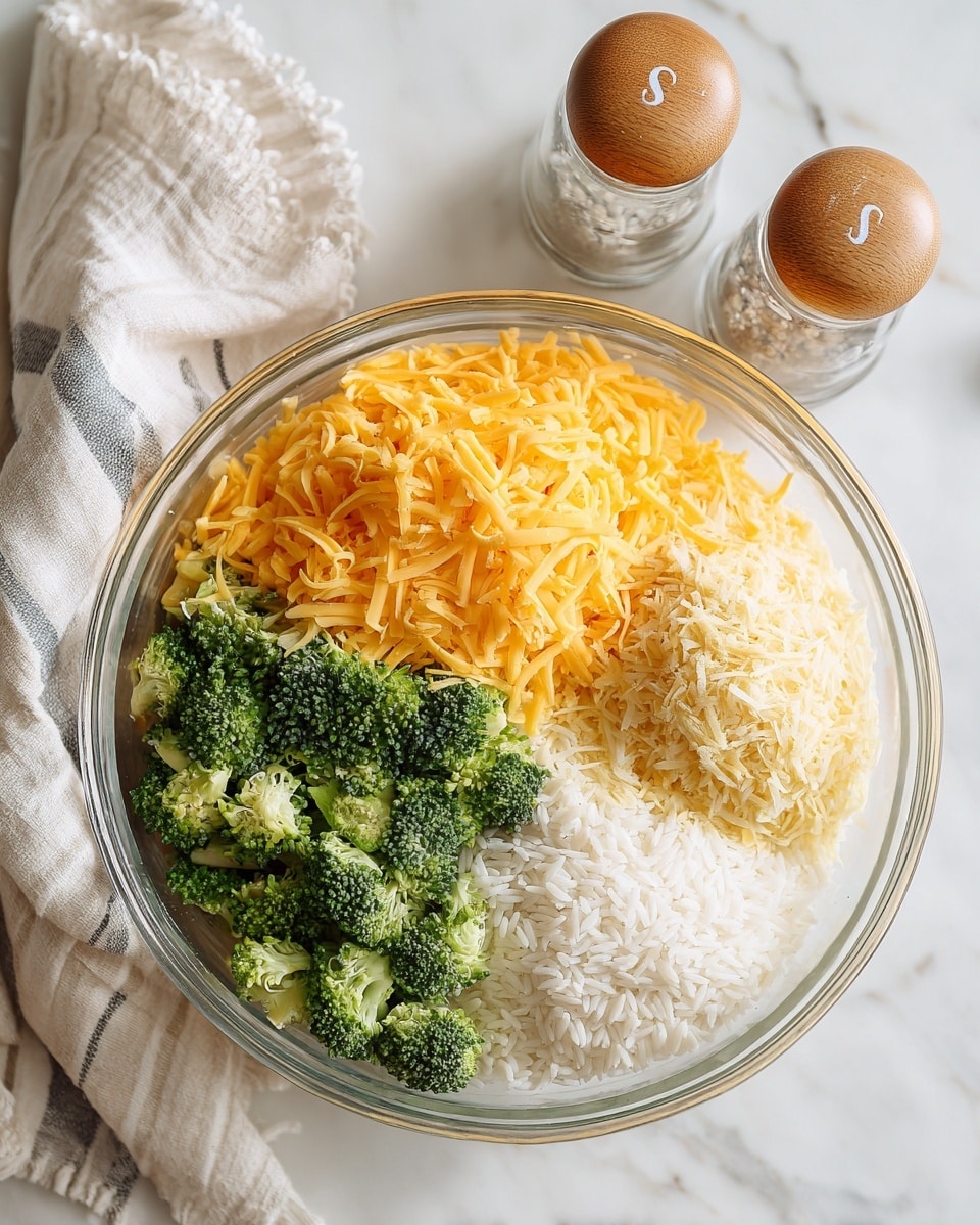 A clear glass bowl sits on a white marbled surface, containing four separate layers of ingredients: bright orange shredded cheddar cheese on the top left, finely chopped fresh green broccoli on the top right, a mound of grated pale yellow Parmesan cheese in the center, and white cooked rice filling the bottom left section. To the upper right of the bowl, there are two clear glass shakers with wooden tops marked S and P, placed closely together. A white cloth with light gray stripes and fringed edges lies folded near the bottom left corner of the image. photo taken with an iphone --ar 4:5 --v 7
