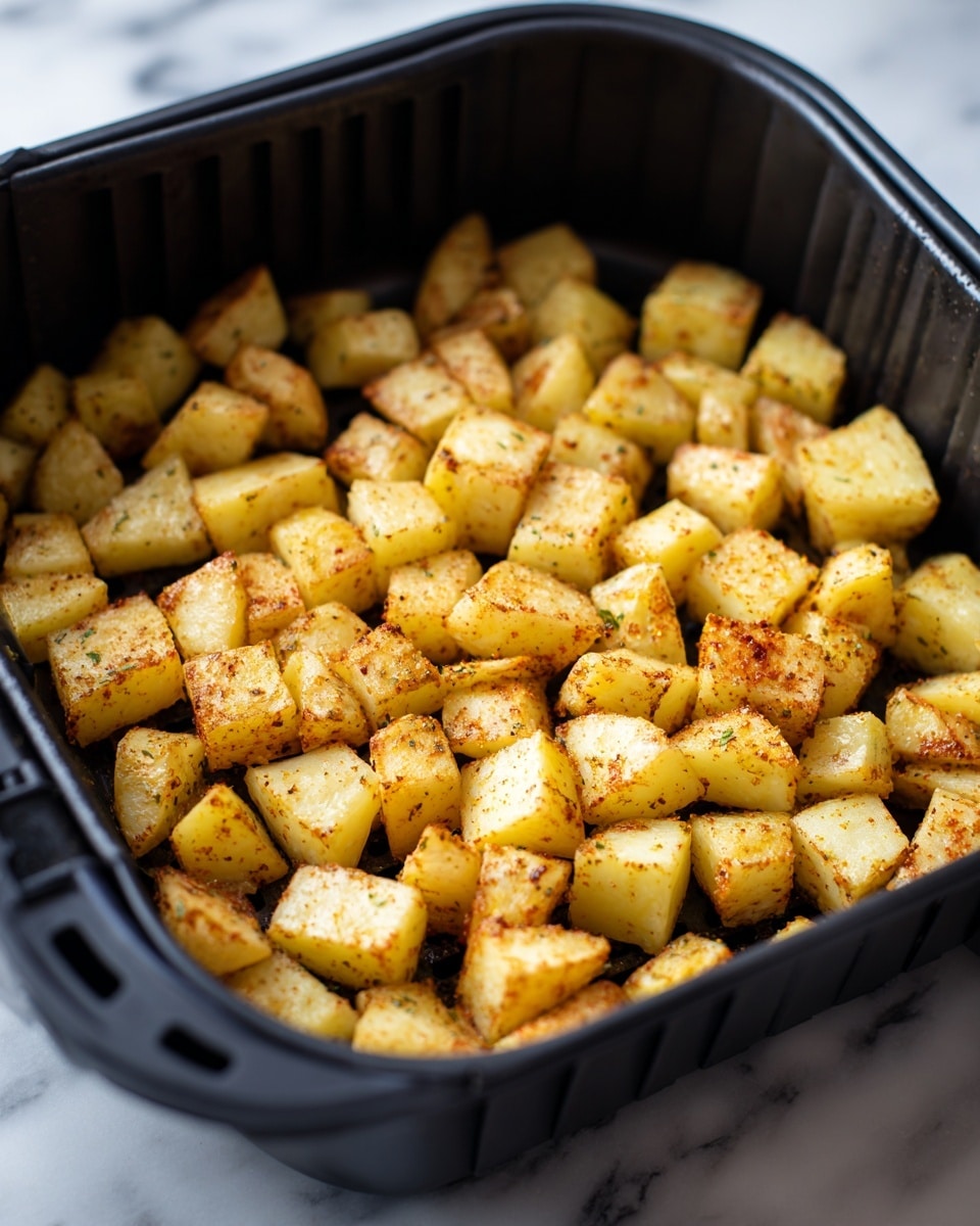The image shows a black air fryer basket filled with evenly sized cubed potatoes. The potato cubes are light yellow with a slight sheen from oil and a light sprinkling of seasoning, visible as small specks of pepper and paprika. The cubes cover the entire basket floor, appearing slightly moist and ready to cook. The background has a soft, out-of-focus look with a white marbled surface below the basket. photo taken with an iphone --ar 4:5 --v 7