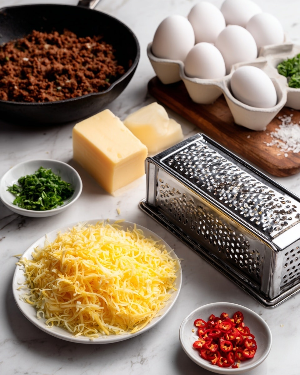A white plate piled with shredded yellow cheese is in the front left, next to two blocks of cheese, one labeled Pepper Jack and the other Extra Sharp Cheddar. Behind them stands a stainless steel box grater. To the right, a white egg holder holds six white eggs. In the background on a white marbled surface, there is a black skillet filled with cooked ground meat. Nearby, small bowls hold chopped green herbs and finely chopped red peppers. Photo taken with an iphone --ar 4:5 --v 7