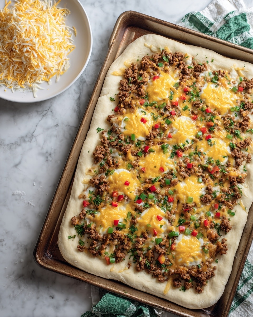 This image shows a rectangular pizza dough on a baking pan with a thick crust edge. The first layer is a base of cooked ground meat spread evenly across the dough. On top are scattered small pieces of green herbs and finely chopped red peppers adding pops of color. Dollops of creamy yellow cheese are spread unevenly over the pizza. In the bottom left corner, shredded cheese is placed on a white plate. The background has a white marbled texture with a green and white cloth partially visible under the pan. Photo taken with an iphone --ar 4:5 --v 7