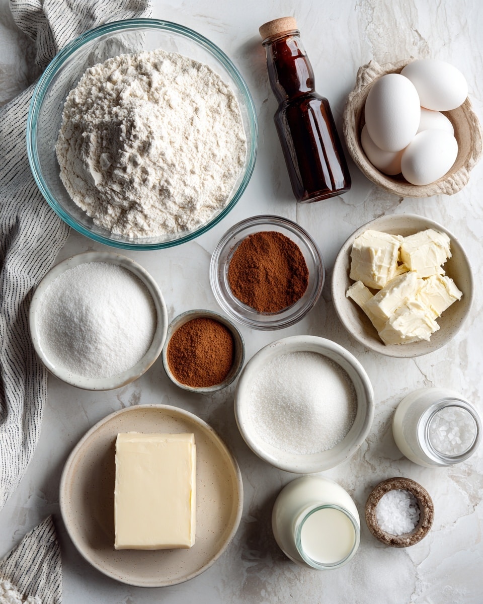 The image shows various baking ingredients neatly arranged on a white marbled surface. There is a large clear bowl in the center filled with white flour, next to it is a small glass bowl of baking powder, a small bowl of brown sugar, and a stick of butter wrapped in its paper. Two white eggs sit above the flour bowl, near a tall dark brown vanilla bottle. Below the flour bowl is a medium clear bowl filled with powdered sugar, and next to it a small bowl of white sugar. A small white bowl of cinnamon powder is placed near the bottom left. A block of cream cheese is on a light beige plate, and a small clear salt shaker is on the right. A small clear glass bottle of milk is near a white and gray striped cloth on the left side. Each ingredient is labeled with black text. Photo taken with an iphone --ar 4:5 --v 7