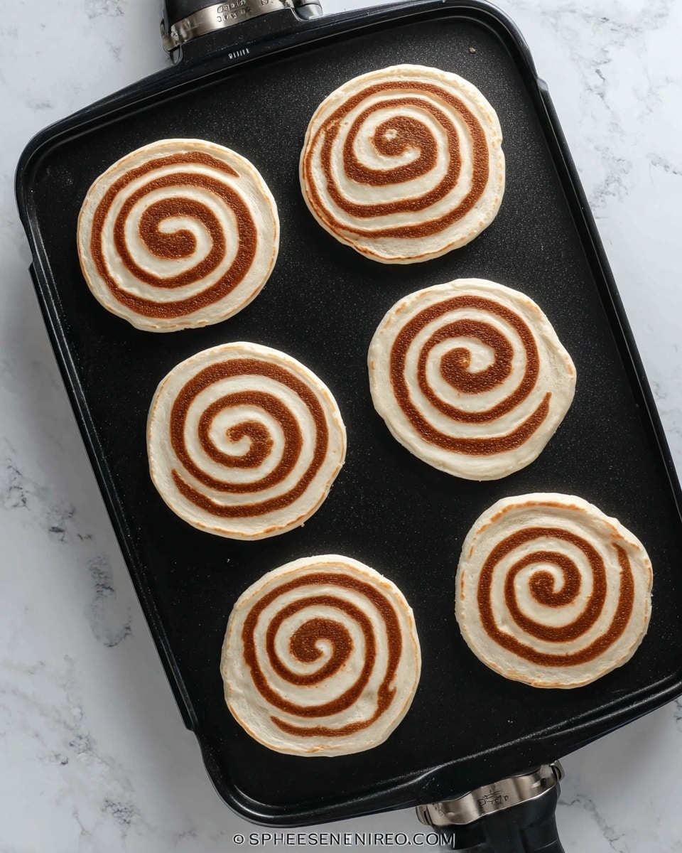 Six uncooked pancakes sit on a black electric griddle, arranged with three on the top half and three on the lower half. Each pancake has two visible layers: a light beige base layer of pancake batter and a darker brown spiral line swirled evenly from the center to the edges. The pancakes are round with smooth edges, and the surface of the griddle contrasts with the white marbled countertop underneath. The image shows a clean, neat cooking setup. photo taken with an iphone --ar 4:5 --v 7
