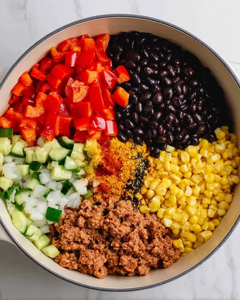 This image shows a white pot filled with five groups of colorful ingredients arranged side by side. On the top left, there are bright red cooked bell pepper pieces with a soft texture. Next to that, on the top right side, there is a heap of shiny black beans with a firm shape. Below the black beans to the right, there is a pile of yellow corn kernels, smooth and slightly glossy. Below the corn is a section of cooked ground meat with a crumbly brown texture and some sprinkled orange and black spices on top. Lastly, on the bottom left, there is a mix of finely diced vegetables, including green cucumber, white onion, and red bell pepper pieces. The pot sits on a white marbled surface. photo taken with an iphone --ar 4:5 --v 7