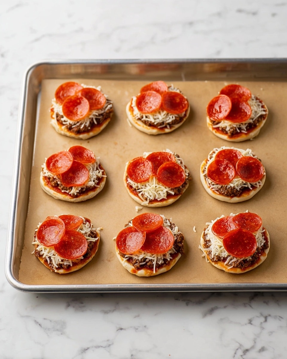 The image shows eight small round mini pizzas placed on brown parchment paper on a metal baking tray. Each mini pizza has three layers: the bottom layer is a light golden crust, the middle layer is a dark brown meat sauce spread evenly, the next layer is shredded white cheese, and the top layer consists of three bright red pepperoni slices neatly arranged on each pizza. The tray is set on a white marbled surface. photo taken with an iphone --ar 4:5 --v 7