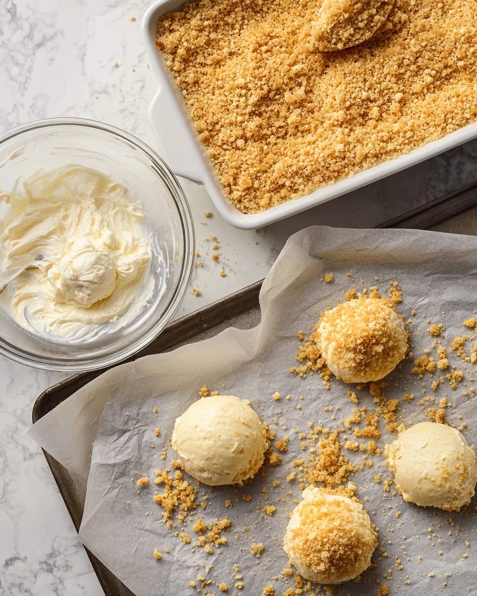 The image shows a dessert preparation scene on a white marbled surface with a white baking dish filled with a layer of crumbled golden brown topping. Next to it, there is a clear glass bowl containing a frothy white mixture. In the foreground, there is a baking tray lined with parchment paper holding five rounded scoops of a pale yellow creamy mixture, one of which is coated with the crumb topping. The crumbs are scattered on the tray and surface around it, showing a casual and rustic feel. photo taken with an iphone --ar 4:5 --v 7