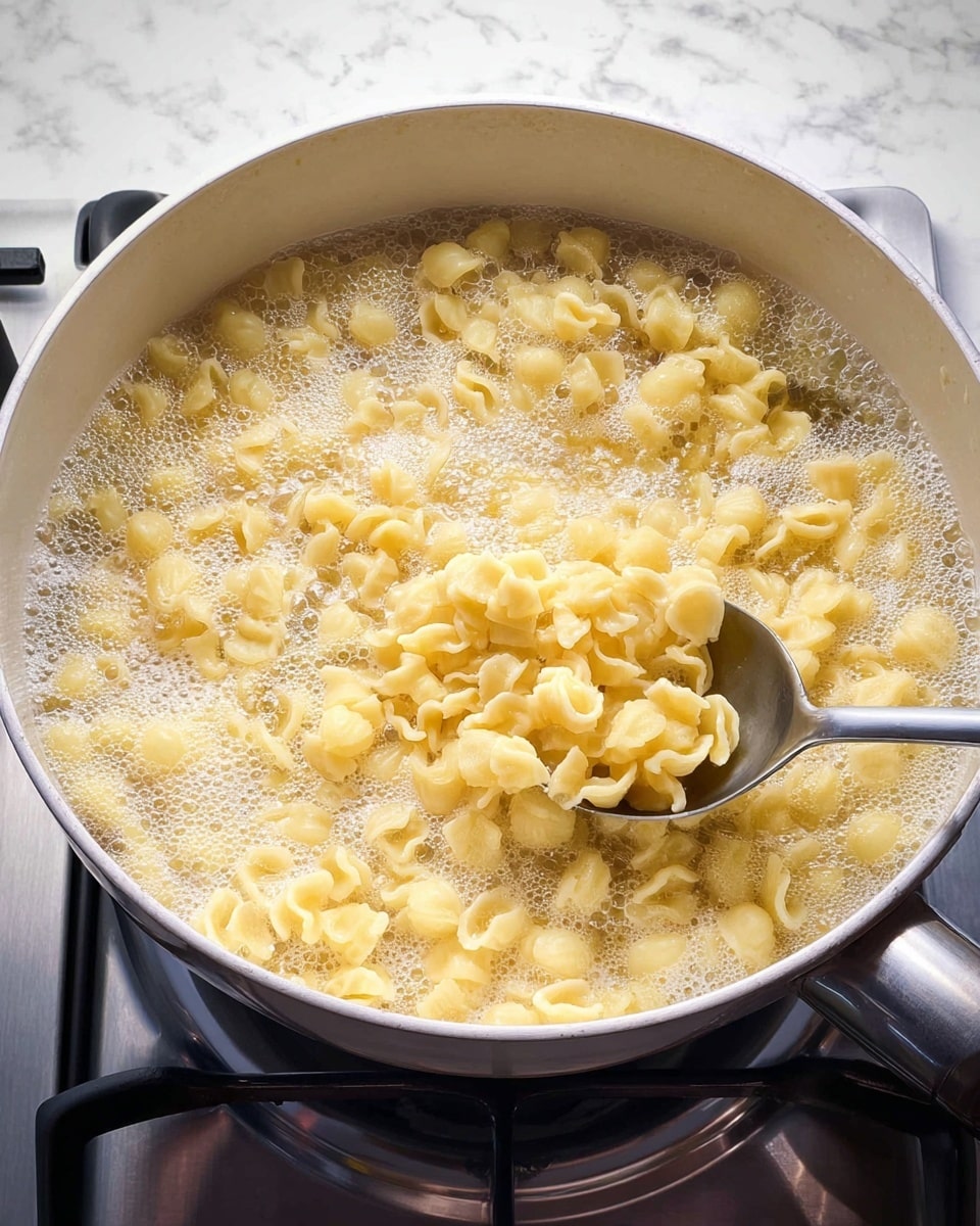A large white pot filled with boiling water and light yellow small pasta pieces floating and bubbling on the surface, with a metal spoon inside scooping up some pasta on the right side of the pot. The pot is sitting on a stove burner with steel-colored grates, and the background is a white marbled texture. photo taken with an iphone --ar 4:5 --v 7