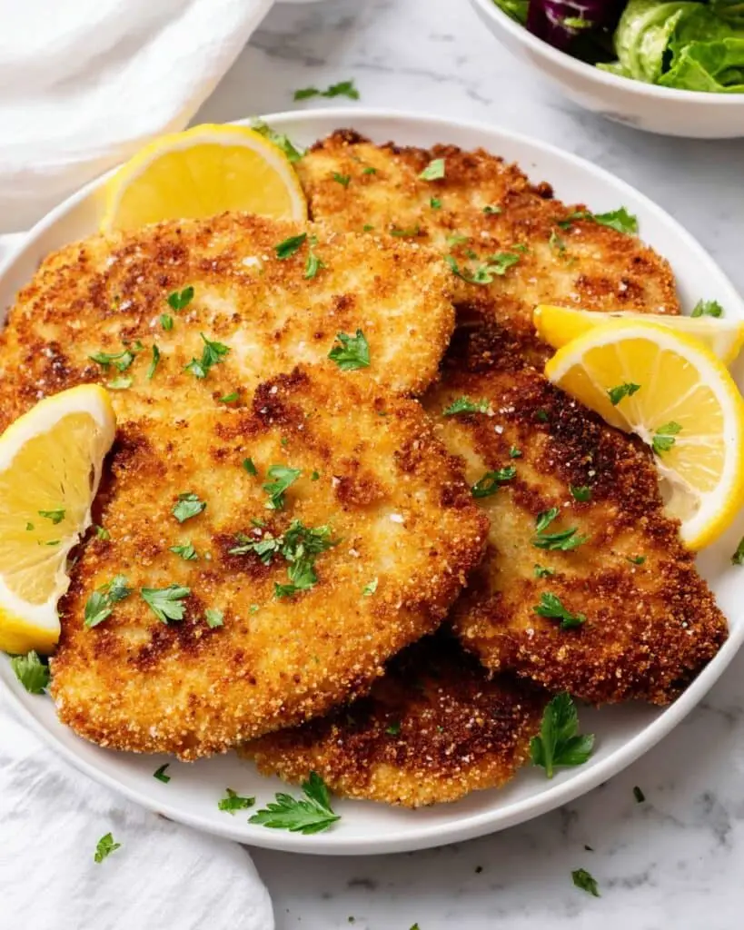 Crispy Chicken Schnitzel with Lemon Wedges Recipe