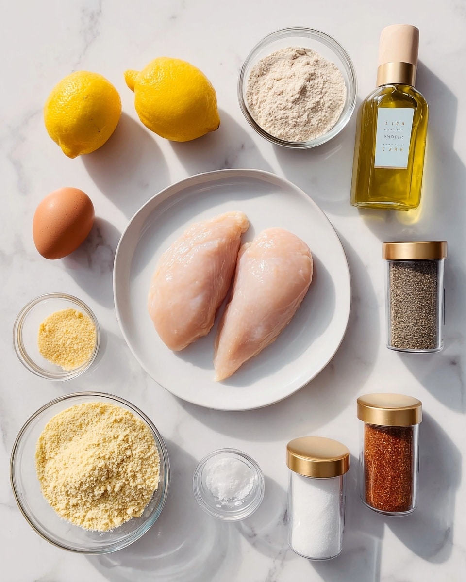 The image shows a neat arrangement of cooking ingredients on a white marbled surface. In the center, there is a white plate with two raw chicken fillets, pale pink and smooth. Around the plate, clockwise from the top left, are two bright yellow lemons, a small glass bowl of light beige powder, a clear bottle with golden yellow oil, a small glass bowl holding two brown eggs, and three glass jars with gold lids labeled paprika, black pepper ground, and salt in white. On the bottom left side, there is a small glass bowl filled with light yellow breadcrumbs and above it another bowl with white flour, plus a tiny glass bowl with coarse salt in between. Everything is clean and well spaced, with bright natural light coming from above. Photo taken with an iphone --ar 4:5 --v 7