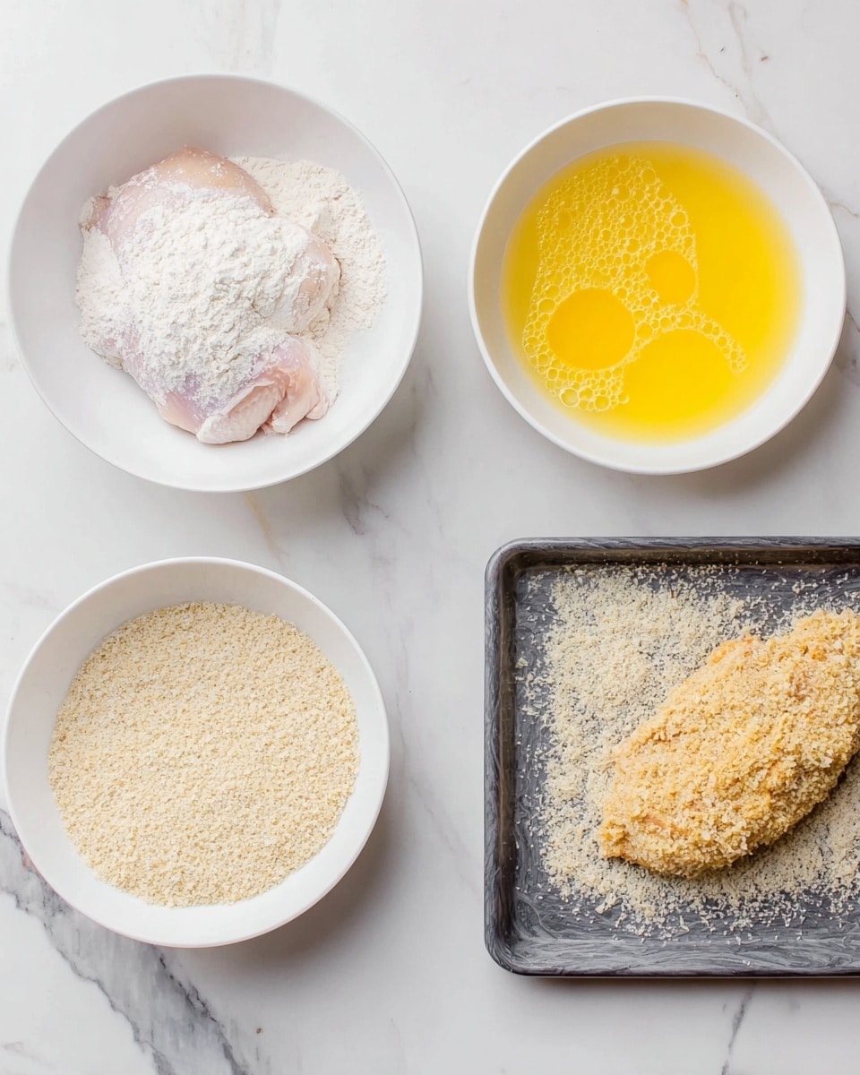 The image shows a food preparation setup with four main items arranged from left to right on a white marbled surface. On the far left, a white bowl holds a raw chicken piece covered in white flour. Next to it, a second white bowl contains a bright yellow beaten egg mixture with bubbles on the surface. To the right of that, a third white bowl is filled with light beige breadcrumbs with a slightly rough texture. On the far right, a dark metal tray holds a raw chicken piece coated in the breadcrumbs, showing a textured light brown layer. The arrangement suggests a step-by-step coating process. photo taken with an iphone --ar 4:5 --v 7