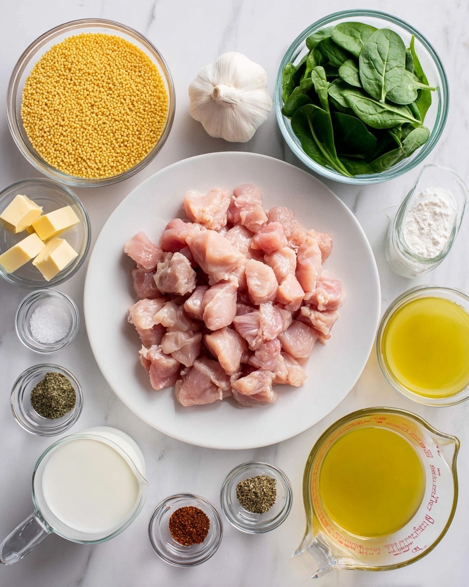 The image shows a white plate at the center filled with small pieces of raw pink chicken. Around the plate, there are several clear glass bowls and containers on a white marbled surface: a bowl with yellow uncooked orzo pasta is above left, a bowl with fresh green spinach leaves above right, a small bowl with yellow oil to the right, and a glass measuring cup with light yellow broth at the lower right. Also visible are small jars with black pepper, paprika, salt, and Italian seasoning arranged mostly on the left side, a small glass bowl with two light yellow cubes of butter near the top left, a whole white garlic bulb above the chicken plate, and a glass cup with white cream or milk on the lower left. The setup is neat and bright, with the ingredients clearly separated. photo taken with an iphone --ar 4:5 --v 7
