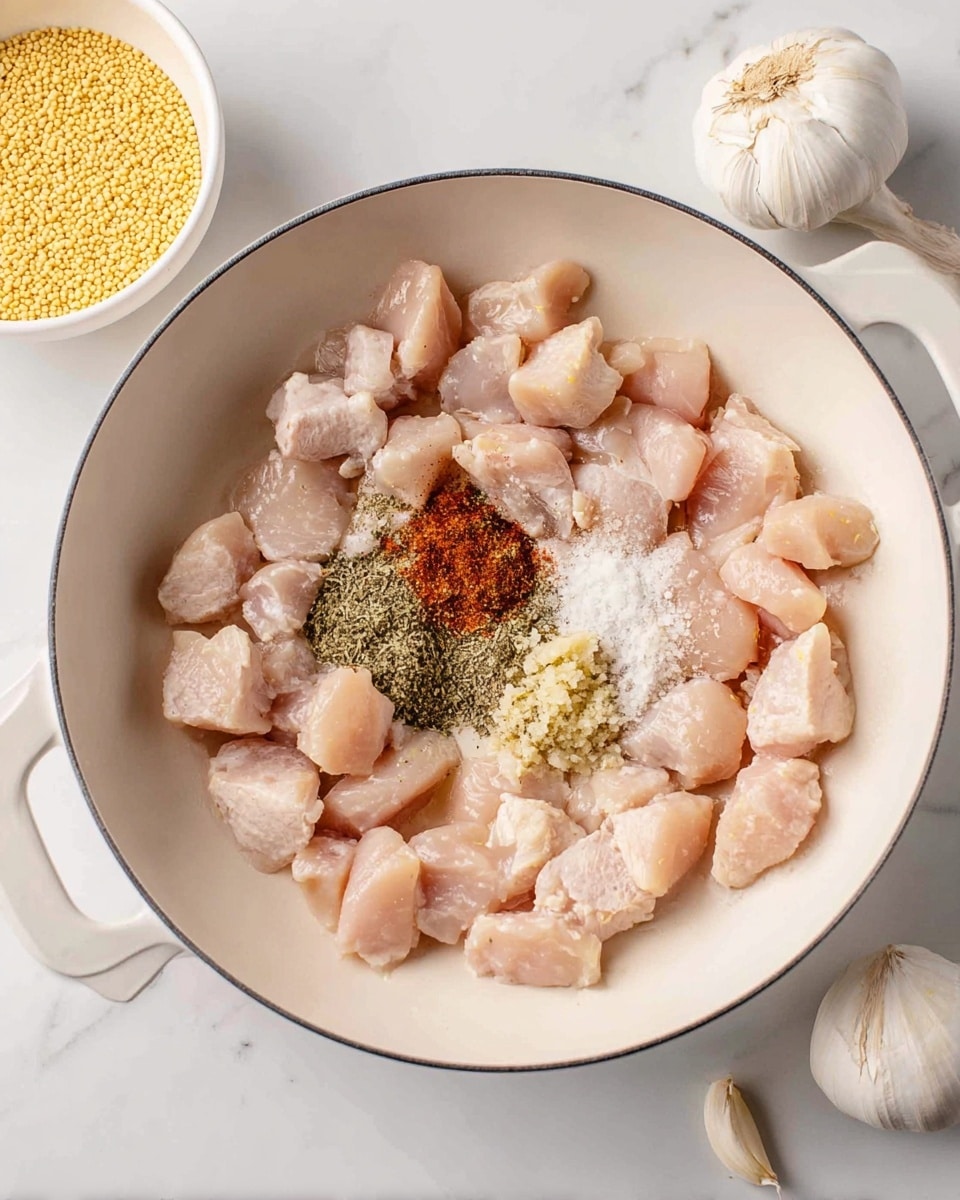 A white pan filled with small chunks of light pink cooked chicken arranged evenly around the pan. In the center, there is a cluster of finely chopped garlic, black pepper, dried herbs, white salt, and red paprika. The pan sits on a white marbled surface with a white bowl of yellow grains on the left and a whole garlic bulb on the right. Photo taken with an iphone --ar 4:5 --v 7