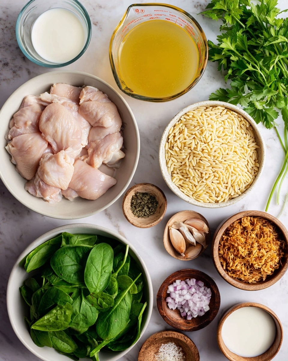 The image shows several white bowls and small wooden bowls arranged on a white marbled surface. In a larger white bowl at the bottom left, fresh green spinach leaves fill the bowl with a smooth texture. Next to it on the left is a white bowl piled with raw chicken thighs, pale pink with a soft texture. To the right of the chicken, a white bowl holds uncooked orzo pasta, small and pale yellow with an elongated shape. Above the orzo is a bunch of fresh green parsley with detailed leaves. On the top left, a glass measuring cup holds yellow chicken broth, smooth and translucent, and beside it on the right, another glass measuring cup contains white cream or milk with a thick look. Scattered around are small wooden bowls with finely chopped shallots (light purple), minced garlic (off-white), two types of mustard (yellow and grainy yellow-brown), salt and pepper (white and black mix), and crispy fried onions with a golden brown color. There is also a small empty wooden bowl and a glass measuring cup with a clear liquid. The whole setup is neatly organized and well lit. photo taken with an iphone --ar 4:5 --v 7