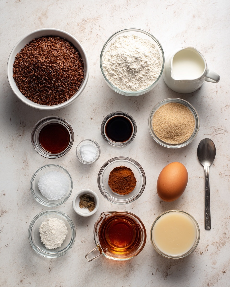 The image shows a box of Bran Flakes cereal to the left with a picture of brown bran flakes in a white bowl on the box. To the right, there are 11 clear glass containers and an egg, all set on a white marbled surface. The containers hold different ingredients: a bowl of white flour near the top center, a small pitcher of white liquid likely milk, and a small bowl of light brown sugar near the top right. Below them are small bowls with dark liquid vanilla extract, clear water, white salt, dark cinnamon, and white baking powder. There's also a larger small pitcher filled with amber maple syrup and a metal measuring spoon of light beige applesauce near the bottom right. A single brown egg sits between containers near the bottom left. All items are neatly arranged from left to right and top to bottom in a neat flat lay style. Photo taken with an iphone --ar 4:5 --v 7