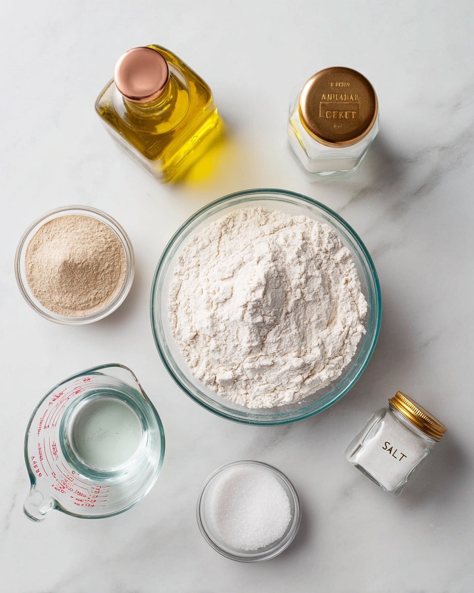 The image shows six clear glass containers arranged on a white marbled surface, holding various baking ingredients. At the center is a large glass bowl filled with white flour, with a small mound slightly indented in the middle. Above it, slightly to the left, is a round glass bottle filled with golden yellow oil, topped with a copper-colored cap. To the left of the oil is a small glass bowl with beige dry yeast powder. Below these, on the left side, there is a glass measuring cup filled with clear water that has red measurement markings. On the right side of the flour bowl, there is a small glass jar labeled