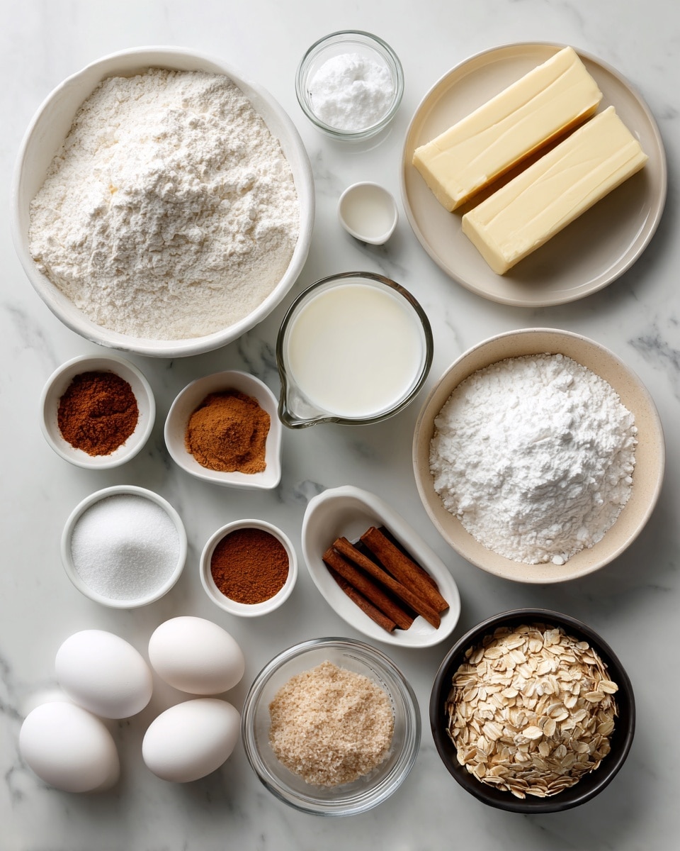 The image shows various baking ingredients arranged neatly on a white marbled surface. There is a large white bowl filled with a white powdery flour mixture containing corn starch. A smaller white bowl holds powdered sugar. A clear measuring cup with milk sits in the middle. Around them are small white bowls with brown cinnamon powder and dark vanilla liquid. There is a round beige plate holding white baking soda and baking powder. A large white plate contains two sticks of yellow butter. Black measuring cups hold light brown brown sugar and white granulated sugar. Three white eggs and a small white cup filled with light brown rolled oats complete the setup. All the ingredients are clearly labeled. Photo taken with an iphone --ar 4:5 --v 7