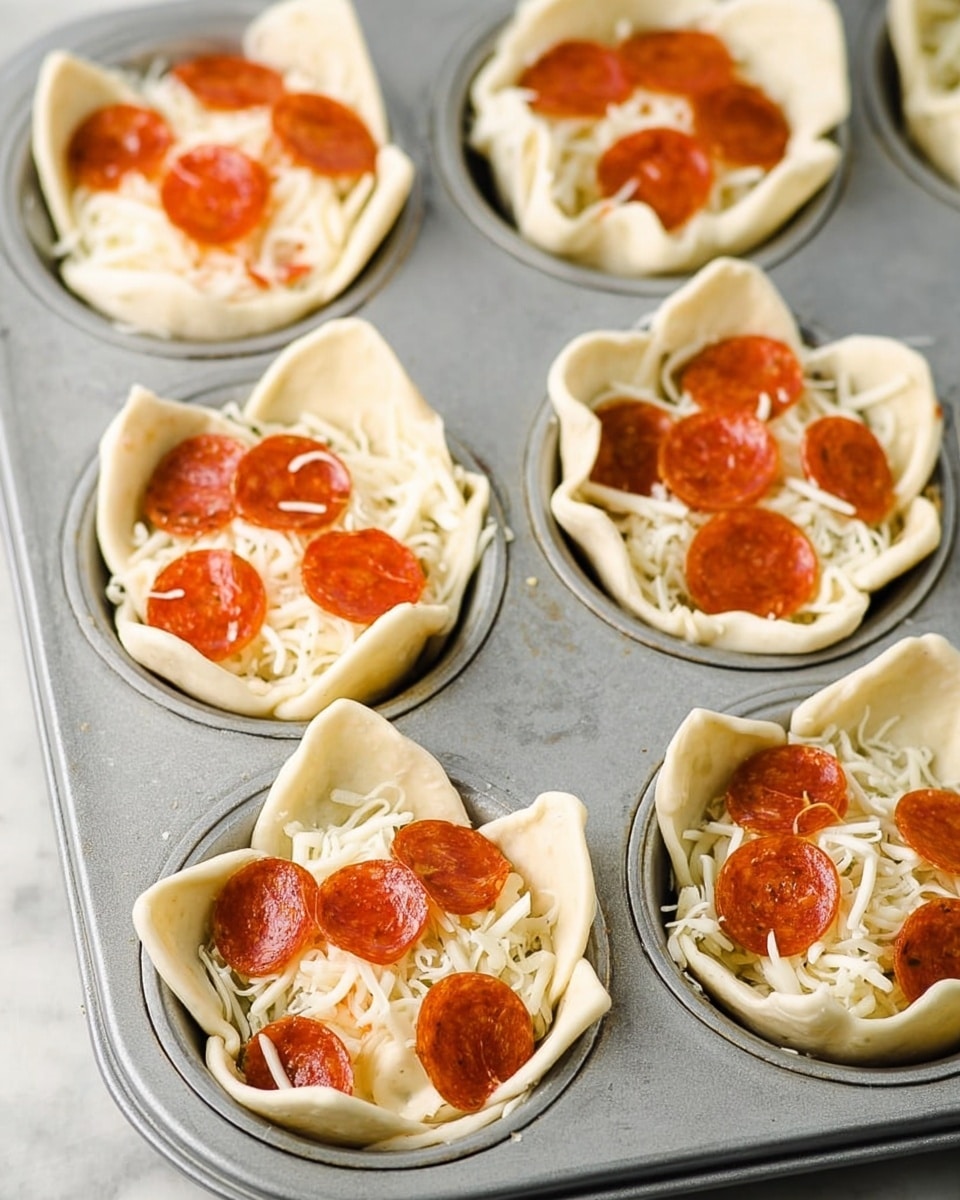 The image shows a metal muffin tray filled with six uncooked mini pizza cups. Each cup has a dough layer shaped to fit inside the round cup, with edges loosely folded and uneven. Inside the dough, there is a layer of shredded white cheese filling most of the cup, topped with several small, round slices of reddish-orange pepperoni evenly spread. The tray rests on a white marbled surface. The photo is taken with an iphone --ar 4:5 --v 7
