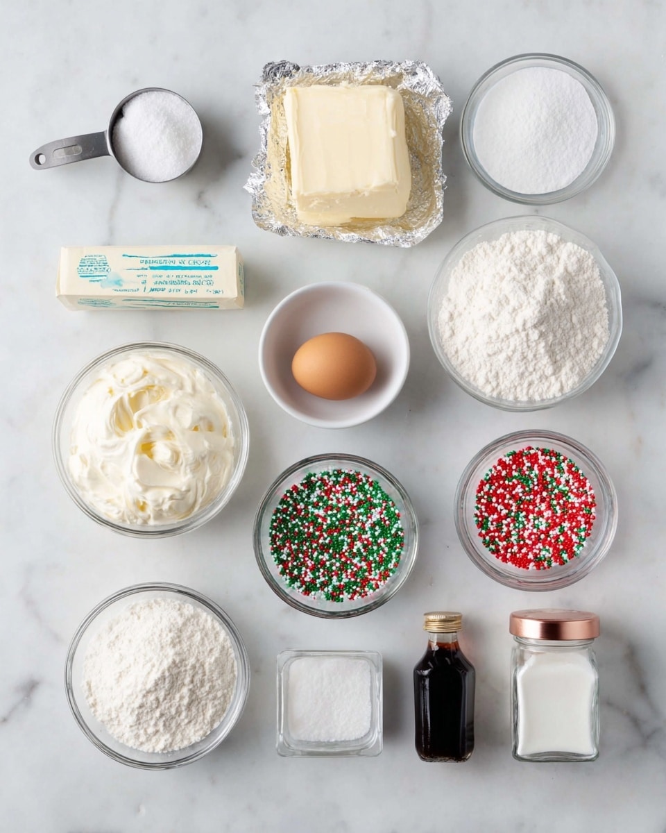 A flat lay image showing 12 cooking ingredients on a white marbled surface. In the top row from left to right, there is a metal 1/2 cup measuring spoon with a white creamy ingredient, a block of cream cheese on silver foil, and a stick of salted butter with a blue label. In the second row, from left to right, there is a clear white bowl filled with powdered sugar, a brown egg placed beside it, a clear white bowl filled with flour, and another clear white bowl full of white granulated sugar. In the third row, from left to right, there is a small glass bowl of white cream, a clear white bowl of colorful Christmas sprinkles mostly red, green, and white, a small dark bottle of vanilla extract, a square glass jar with a rose gold lid labeled salt, and a small glass bowl containing baking powder or baking soda. Photo taken with an iphone --ar 4:5 --v 7