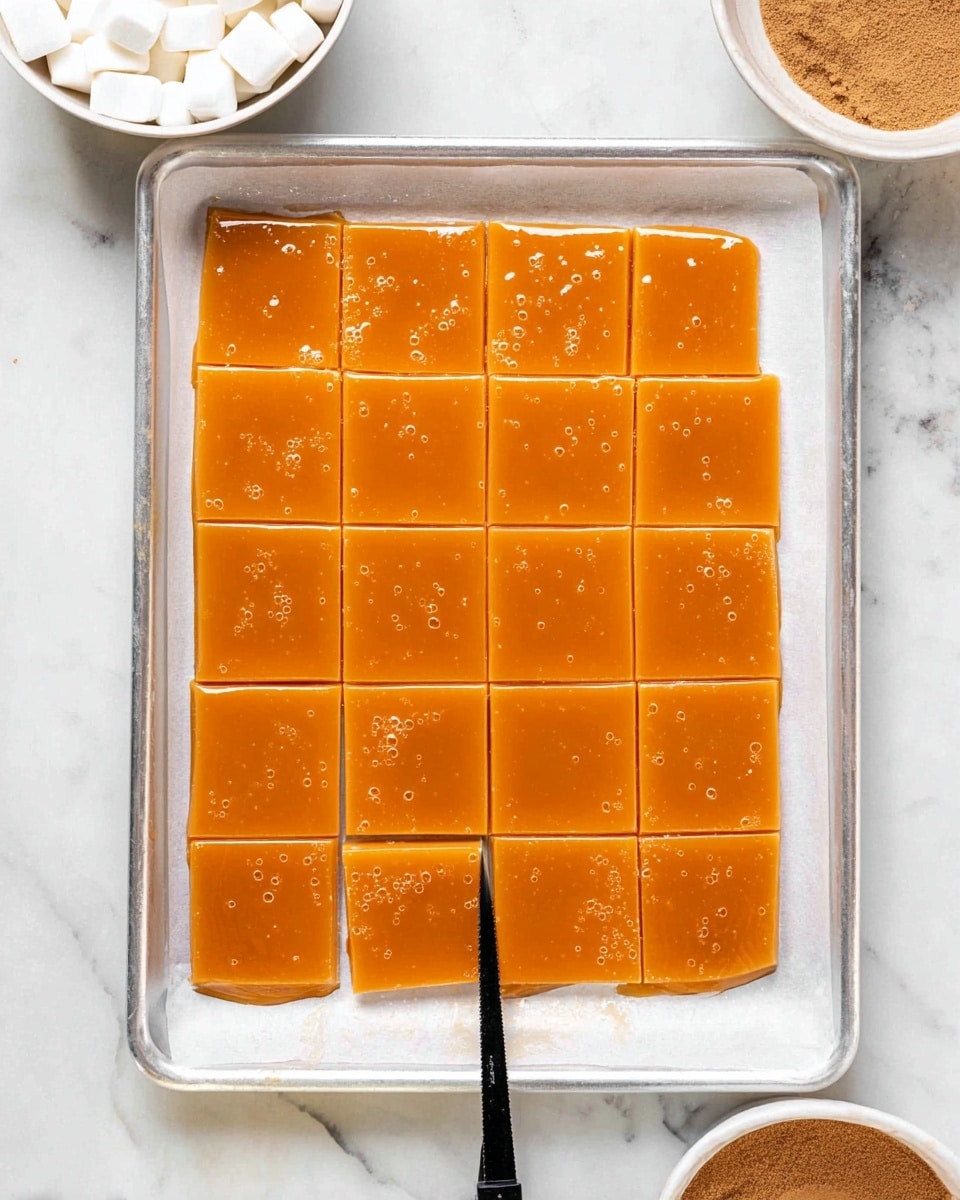 The image shows a baking tray lined with white parchment paper, holding a single large flat layer of shiny, smooth orange candy or toffee that has been cut into 15 equal square pieces, arranged in a 3 by 5 grid. The orange surface has a glossy texture with tiny bubbles scattered on it. The tray sits on a white marbled textured surface with two white bowls nearby—one filled with white round candies and the other with brown sugar or cinnamon mixture. A thin black knife blade is gently pressed against one orange piece to create the cut. Photo taken with an iphone --ar 4:5 --v 7