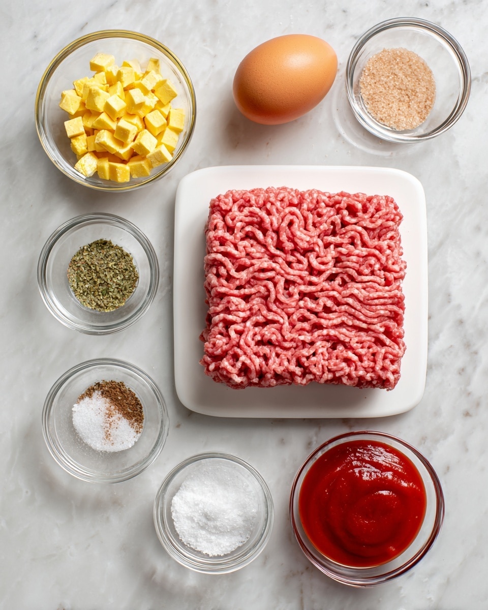 The image shows ingredients arranged neatly on a white marbled surface. At the center is a black package of dry aged Angus ground beef with white and silver labels. To the left of the beef package are five small clear glass bowls and one brown egg. Starting from the top left, the first bowl contains small yellow cubes, the second bowl below it has a beige and green seasoning mix, the third bowl holds coarse salt, and the fourth small bowl contains a brown pepper spice. The egg is placed just below the pepper bowl. To the right of the beef package are two clear glass bowls, one filled with light brown sugar and the other with bright red sauce. photo taken with an iphone --ar 4:5 --v 7