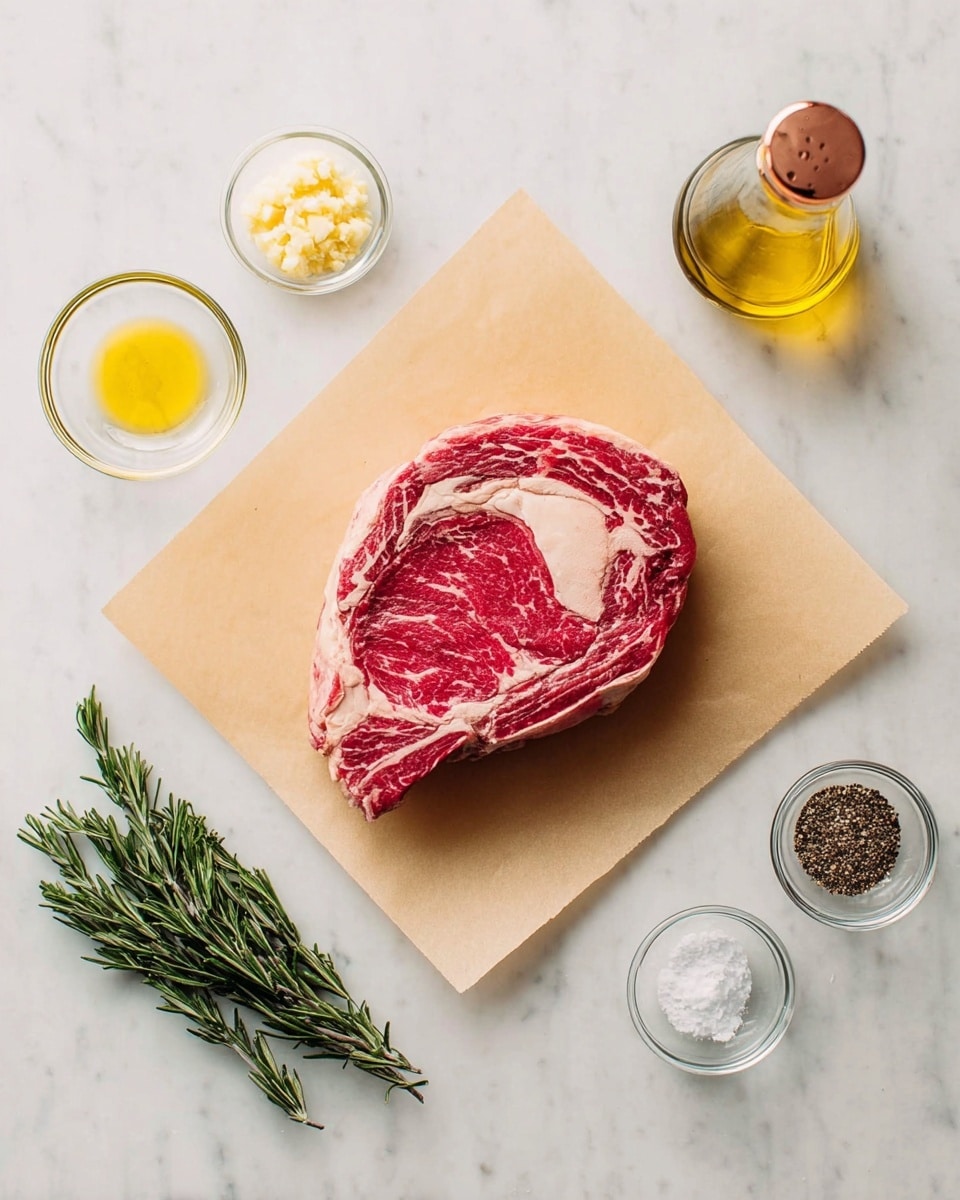A raw ribeye steak with a bone is placed on a square piece of light brown parchment paper in the center of a white marble surface. Around it are five small glass bowls arranged loosely in a circle with minced garlic in the top left bowl, olive oil in the top right bowl with a copper spout cap, salt in the middle right bowl, black pepper in the bottom right bowl, and two sprigs of fresh green rosemary laid flat on the marble surface in the bottom left position. The colors are natural with the red meat contrasting against the white fat and the soft light enhances the textures. photo taken with an iphone --ar 4:5 --v 7