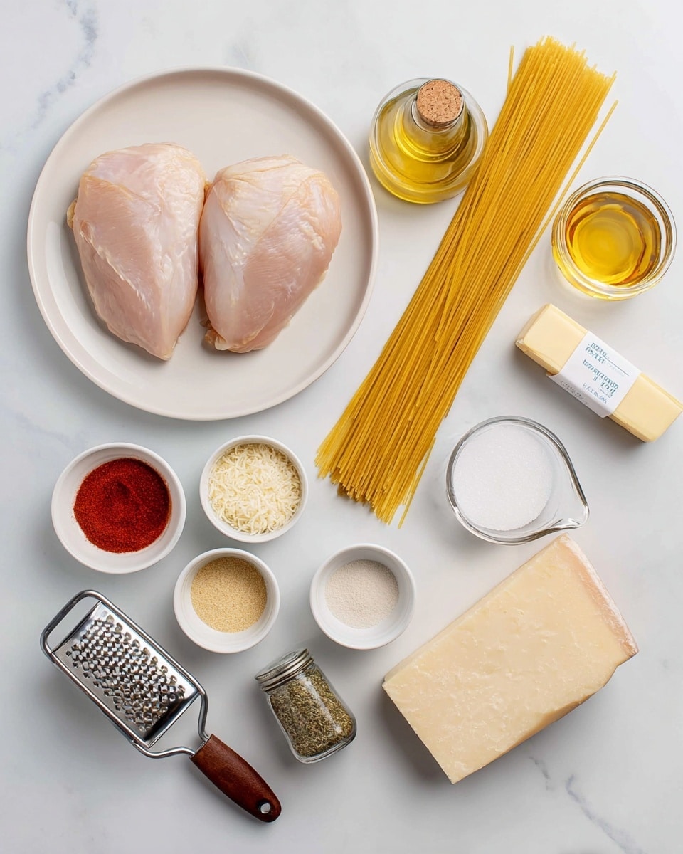 The image shows ingredients neatly arranged on a white marbled surface. In the middle, two raw chicken pieces on a white plate. Above, a bunch of uncooked yellow spaghetti strands lying flat. To the right of the spaghetti, a clear glass bottle of golden olive oil and a wrapped stick of salted butter. Below the butter, a small white bowl with bright red paprika powder. Beside it, another small white bowl with light yellow garlic powder, and below that, a third small white bowl with beige onion powder. To the right of the chicken plate, a glass jar of Italian seasoning with greenish dried herbs. Below the chicken plate, a brown wooden-handled metal grater next to a large block of pale yellow cheese. To the left of the chicken, two small glass jars labeled salt and black ground pepper, and below them, a clear glass measuring cup filled with white granulated sugar. All items are placed in an organized, clean manner, with even spacing. Photo taken with an iphone --ar 4:5 --v 7