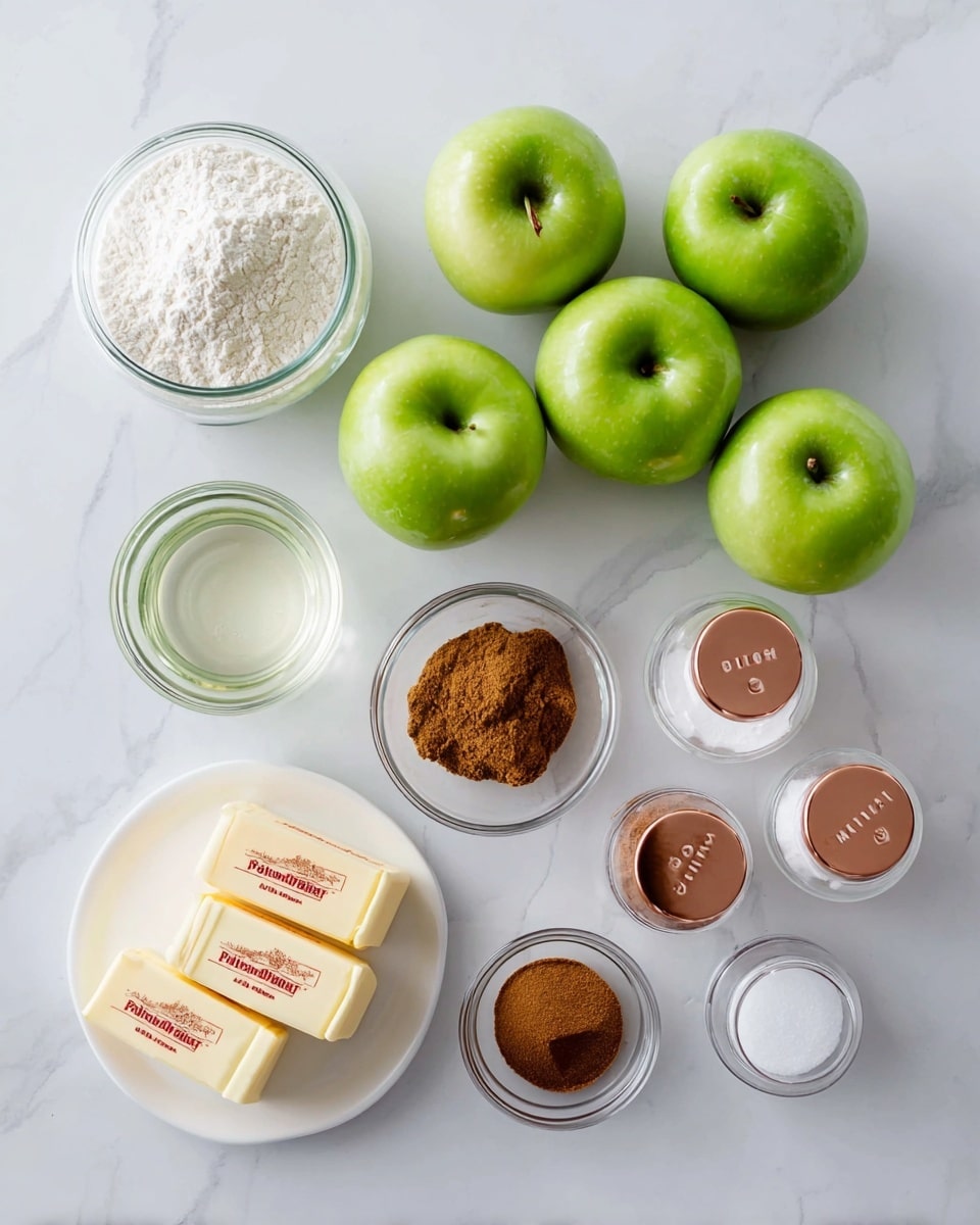 The image shows a white marbled surface with a neat arrangement of ingredients. At the center, there are ten fresh, green apples with smooth, shiny skin. Surrounding the apples are various small bowls and containers: at the top left, a clear glass jar filled with flour; below it, a small clear bowl with a liquid; at the bottom left, three sticks of unsalted butter stacked neatly with yellow wrappers and red text. In the center bottom is a clear bowl with packed brown sugar. On the right side, there are three small glass jars with copper lids labeled salt, cinnamon, and nutmeg, all filled with fine powders in white, brown, and reddish-brown colors. The whole setup is clean and bright, with a clear view from above. photo taken with an iphone --ar 4:5 --v 7